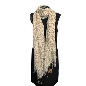 Look by M Zebra Printed Fringe Wrap Scarf in Beige